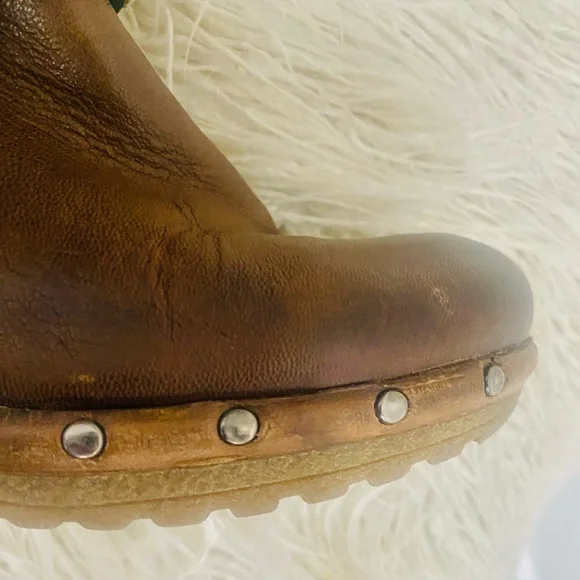 Women’s Manas Brown Leather Fleece Lined Fur Cuff Ankle Boots Studs Block Heel - Picture 4 of 11